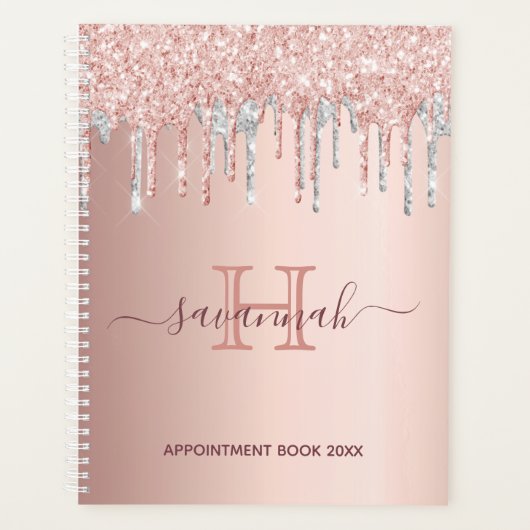 Roos goud zilverglitter druppelt monogram planner (Voorkant)