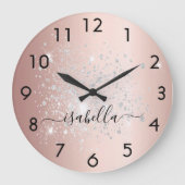 Roos goud zilverglitter metaal naamscript grote klok (Voorkant)