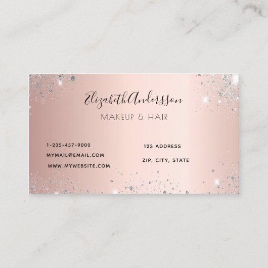 Roos goud zilverglitter stofmetaal, make-uphaar visitekaartje (Achterkant)