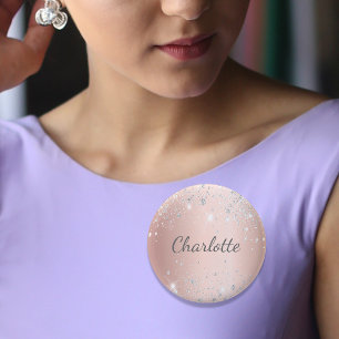 Roos goud zilverglitterstof monogram ronde button 5,7 cm