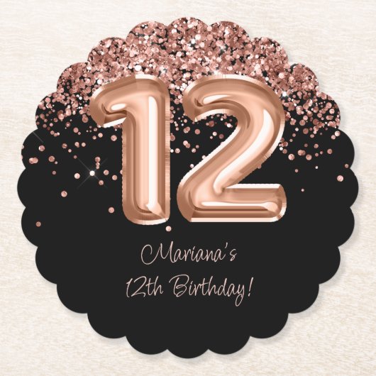 Roos Goud Zwart 12e Verjaardagsfeestje Kartonnen Onderzetters (Voorkant)