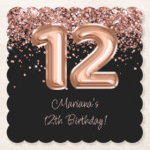 Roos Goud Zwart 12e Verjaardagsfeestje Kartonnen Onderzetters (Voorkant)