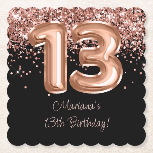 Roos Goud Zwart 13e verjaardagsfeestje Kartonnen Onderzetters (Voorkant)