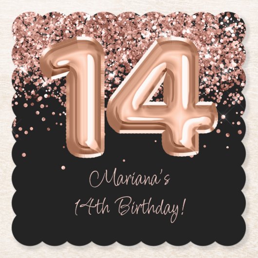 Roos Goud Zwart 14e Verjaardagsfeestje Kartonnen Onderzetters (Voorkant)