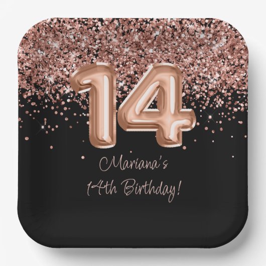 Roos Goud Zwart 14e Verjaardagsfeestje Papieren Bordje (Voorkant)