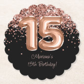 Roos Goud Zwart 15e Verjaardagsfeestje Kartonnen Onderzetters (Voorkant)