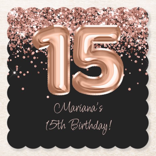 Roos Goud Zwart 15e Verjaardagsfeestje Kartonnen Onderzetters (Voorkant)
