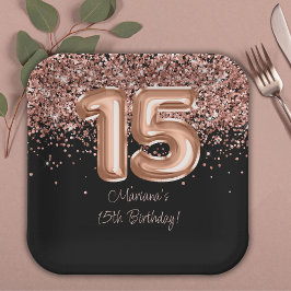 Roos Goud Zwart 15e Verjaardagsfeestje Papieren Bordje