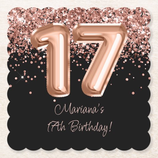 Roos Goud Zwart 17e Verjaardagsfeestje Kartonnen Onderzetters (Voorkant)