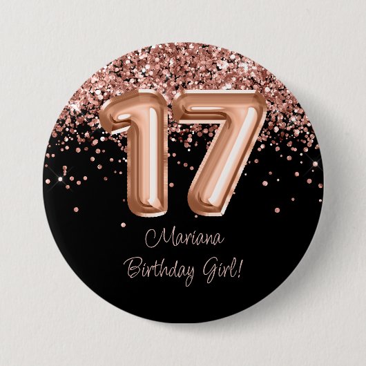 Roos Goud Zwart 17e Verjaardagsfeestje Ronde Button 7,6 Cm (Voorkant)