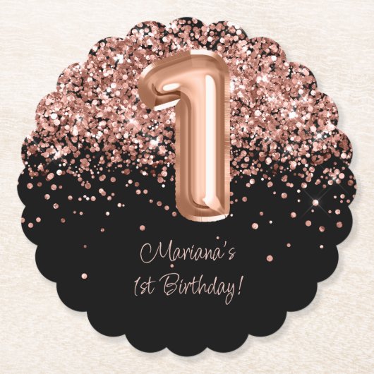 Roos Goud Zwart 1e Verjaardagsfeestje Kartonnen Onderzetters (Voorkant)