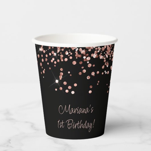 Roos Goud Zwart 1e Verjaardagsfeestje Papieren Bekers (Voorkant)