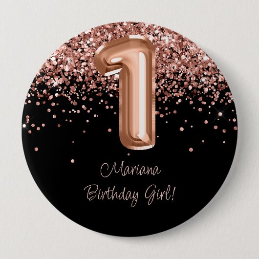 Roos Goud Zwart 1e Verjaardagsfeestje Ronde Button 4,0 Cm (Voorkant)