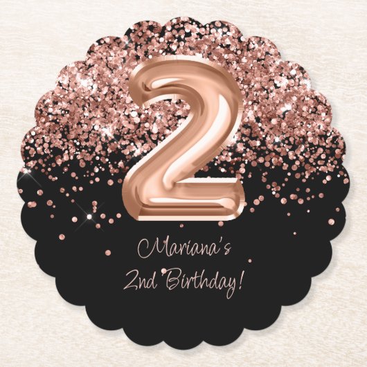 Roos Goud Zwart 2e Verjaardagsfeest Kartonnen Onderzetters (Voorkant)
