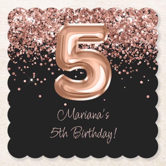 Roos Goud Zwart 5e Verjaardagsfeestje Kartonnen Onderzetters (Voorkant)
