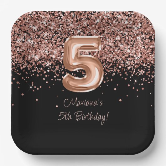 Roos Goud Zwart 5e Verjaardagsfeestje Papieren Bordje (Voorkant)