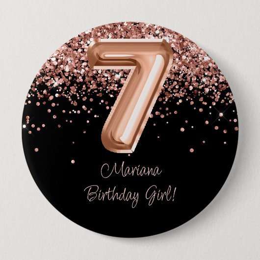 Roos Goud Zwart 7e Verjaardagsfeestje Ronde Button 4,0 Cm (Voorkant)