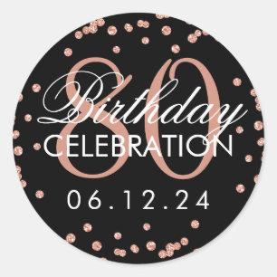 Roos Goud Zwart 80e Verjaardag Glitter Confetti Ronde Sticker