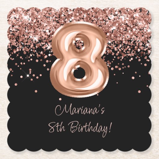 Roos Goud Zwart 8e Verjaardagsfeestje Kartonnen Onderzetters (Voorkant)