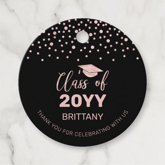 Roos Goud Zwart Confetti Graduation Party Foto Bedankjes Labels (Voorkant)