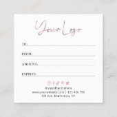 Roos Goud Zwart Elegant Business Logo Cadeaubon Vierkante Visitekaartje (Achterkant)