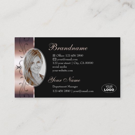 Roos Goud Zwart Glam Borders Logo en Foto Visitekaartje (Achterkant)