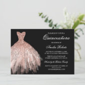 Roos Goud Zwart Glitter Jurk Quinceanera Kaart (Staand voorkant)