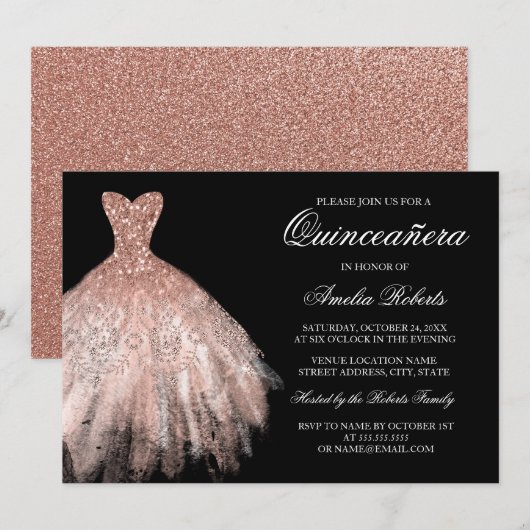 Roos Goud Zwart Glitter Jurk Quinceanera Kaart (Voorkant / Achterkant)