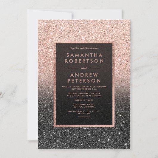 Roos goud zwart glitter lijst ombre bruiloft kaart (Voorkant)