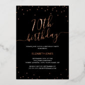 Roos Goud Zwart Kalligrafie Confetti 70e Verjaarda Folie Uitnodiging (Voorkant)