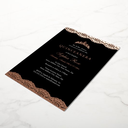 Roos Goud Zwart Kant Tiara Quinceanera Folie Folie Uitnodiging (Gedraaid)