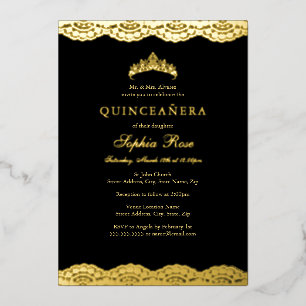 Roos Goud Zwart Kant Tiara Quinceanera Folie Uitnodiging