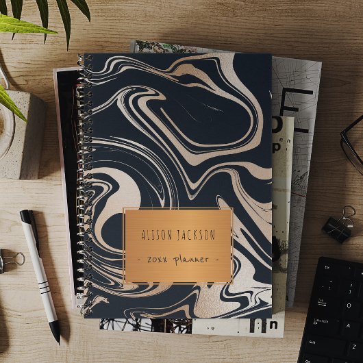 Roos goud zwart marmer met koperlabel school planner