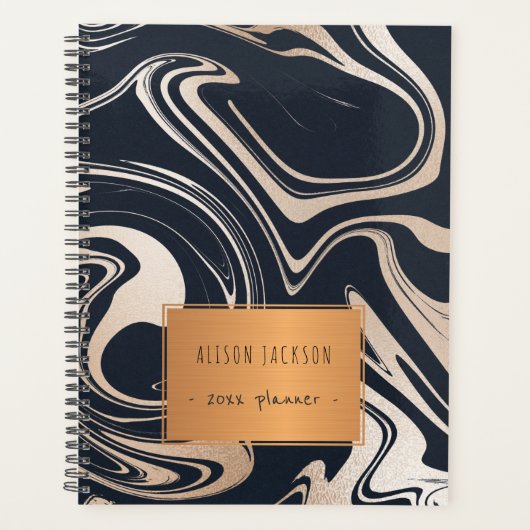 Roos goud zwart marmer met koperlabel school planner (Voorkant)