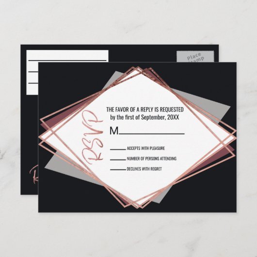 Roos Goud Zwart Mauve Grijs Geometrische bruiloft  Uitnodiging Briefkaart (Voorkant / Achterkant)