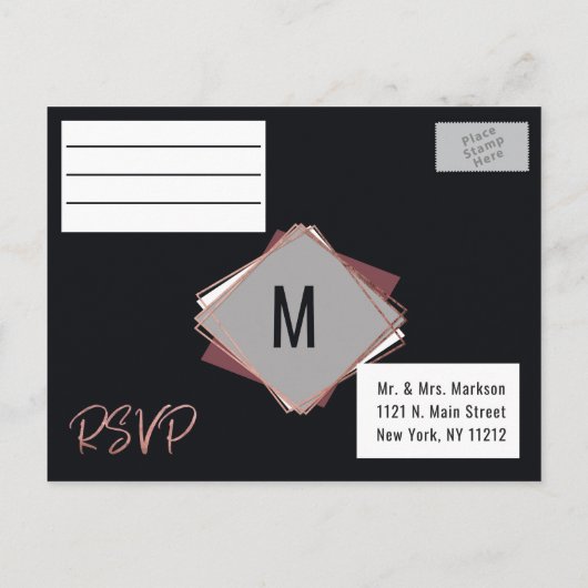 Roos Goud Zwart Mauve Grijs Geometrische bruiloft  Uitnodiging Briefkaart (Achterkant)