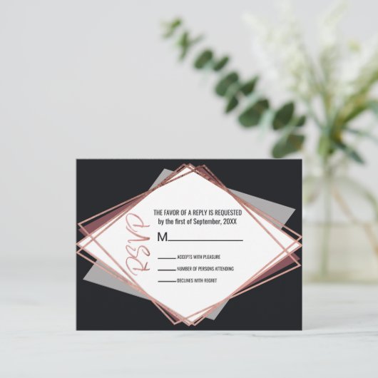 Roos Goud Zwart Mauve Grijs Geometrische bruiloft Uitnodiging Briefkaart (Staand voorkant)