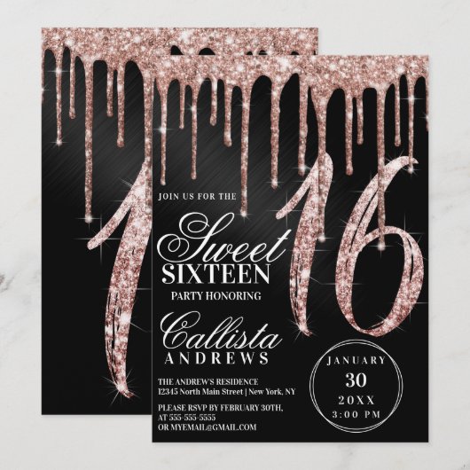 Roos Goud Zwart Metallic Glitter Druppelt Zoet 16 Kaart (Voorkant / Achterkant)