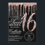 Roos Goud Zwart Metallic Glitter Druppelt Zoet 16 Kaart<br><div class="desc">Deze girly en glamoureuze zoete zestien verjaardagsfeestje uitnodiging is perfect voor een stijlvolle en trendy girly meisje. Het beschikt over faux geprinte sprankelende rozen gouden glitter druppels op de top van een zwart geborstelde metalen achtergrond. De typografie is een elegant cursief schrift met een modern serif lettertype om bij te...</div>