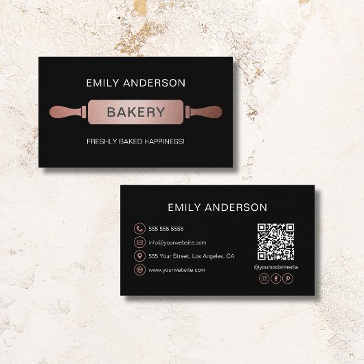 Roos Goud Zwart Rolling Pin Bakery QR Code Visitekaartje