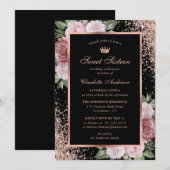 Roos Goud Zwart Roze Bloemen Sweet 16 Verjaardag Kaart (Voorkant / Achterkant)