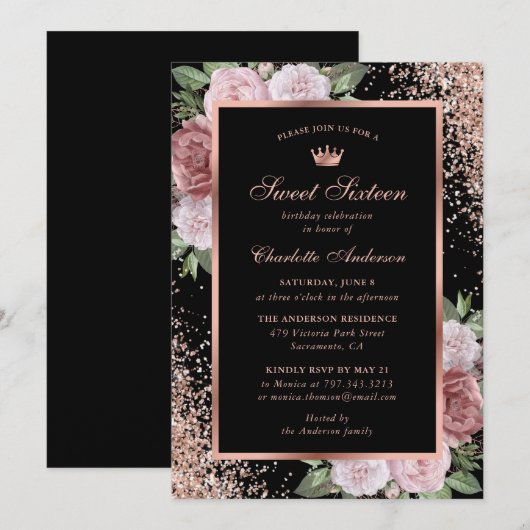 Roos Goud Zwart Roze Bloemen Sweet 16 Verjaardag Kaart (Voorkant / Achterkant)