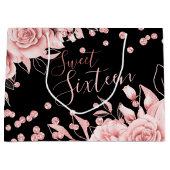 Roos Goud Zwart Sweet 16 Glitter Confetti Bloemen Groot Cadeauzakje (Voorkant)