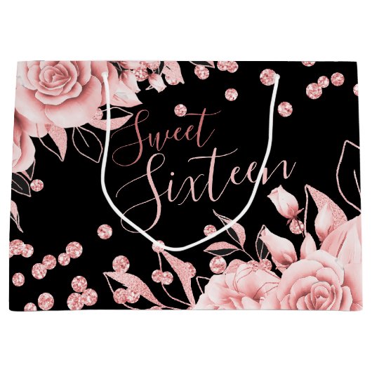 Roos Goud Zwart Sweet 16 Glitter Confetti Bloemen Groot Cadeauzakje (Voorkant)