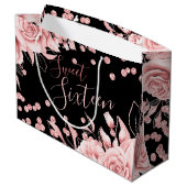 Roos Goud Zwart Sweet 16 Glitter Confetti Bloemen Groot Cadeauzakje (Achterkant Gekanteld)