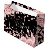 Roos Goud Zwart Sweet 16 Glitter Confetti Bloemen Groot Cadeauzakje (Voorkant Gekanteld)