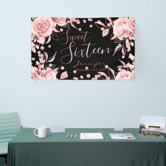 Roos Goud Zwart Sweet 16 Glitter Confetti Bloemen Spandoek (Beurs)