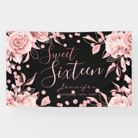 Roos Goud Zwart Sweet 16 Glitter Confetti Bloemen Spandoek (Horizontaal)
