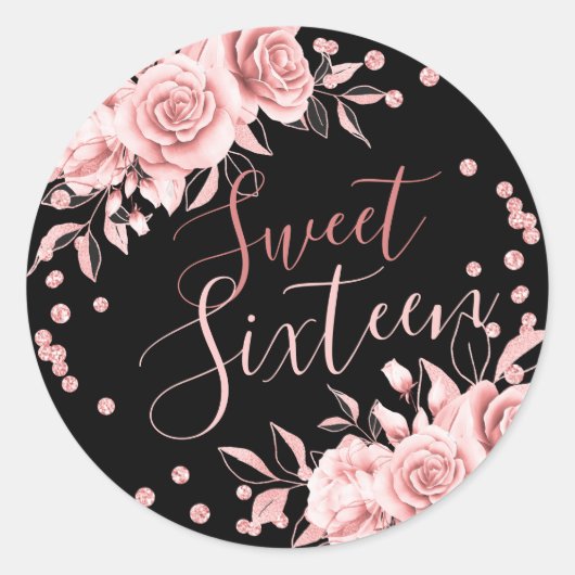Roos Goud Zwart Sweet 16 Verjaardag Bloemen Glitte Ronde Sticker (Voorkant)