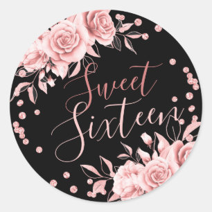 Roos Goud Zwart Sweet 16 Verjaardag Bloemen Glitte Ronde Sticker